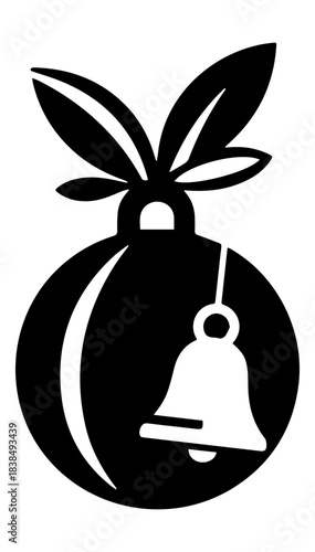 Black and white silhouette of Christmas decorations (ball, bell) in minimalism — festive graphics without overload. For seasonal banners and merch. Vector graphics. EPS.