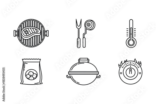 Barbecue grill and accessories hand drawn icons set