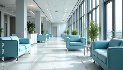 Modern waiting area lobby with blue couches and large windows. Light filled hall with potted plants and minimalist decor. Empty reception area feels calm and clean. Future medical center.