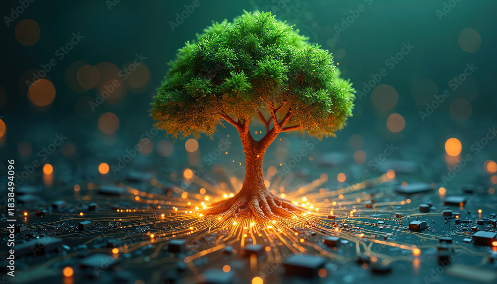 Fototapeta premium Tree grows from circuit board. Tech connects nature reflecting eco friendly innovation. Green sustainable tech concept shows modern solutions that integrate natural eco systems for positive planet.