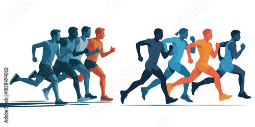 Silhouette vector illustration of a running group of business people, showing the evolution of a sports team