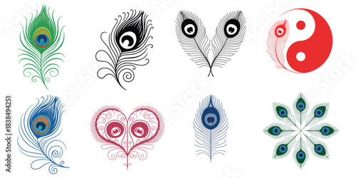 Cartoon vector illustration set of peacock feathers arranged in a cute floral heart pattern design