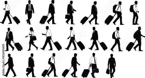 Business traveler silhouettes walking with rolling luggage, professional men commuting, airport travel people icons isolated white background illustration