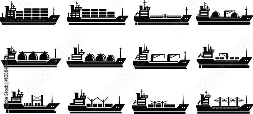 Cargo ship silhouettes set with container tanker and bulk vessels, maritime transportation shipping icons isolated on white background illustration