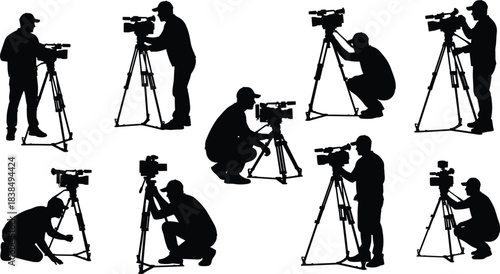 Cameraman silhouettes operating professional video cameras on tripods isolated on white background representing filmmaking journalism media production and broadcasting