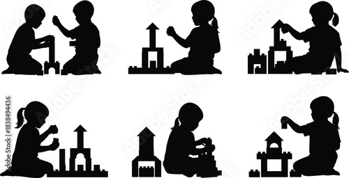 Children silhouettes playing with building blocks and toys isolated on white background representing creativity learning imagination and early childhood development