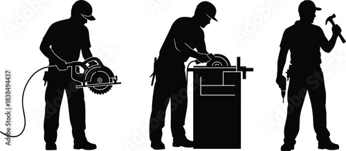 Construction worker silhouettes with power tools, carpenter and handyman working concept, industrial labor people icons isolated white background illustration set