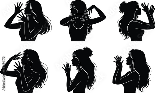 Elegant female silhouette poses expressing emotion and dance gestures, beautiful woman profile icons isolated on white background illustration set collection