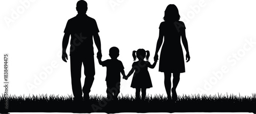 Happy family silhouettes walking together holding hands, parents and children outdoor bonding, love relationship concept isolated white background illustration