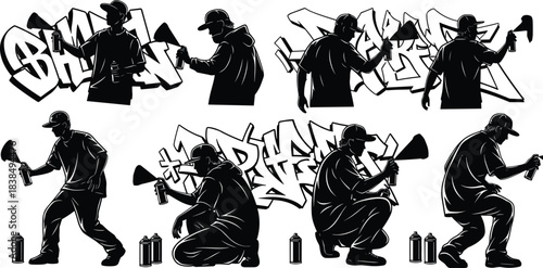 Graffiti artist silhouettes spray painting urban street art isolated on white background representing hip hop culture creativity rebellion youth and expression