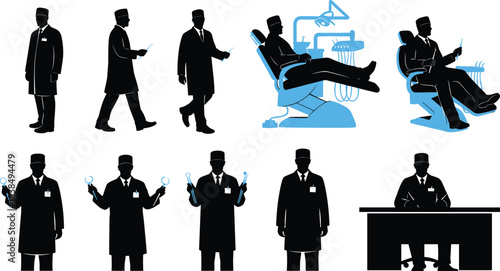 Doctor and dentist silhouettes showing medical examination treatment and healthcare services isolated on white background representing professional medicine and patient care