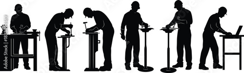 Industrial worker silhouettes using machines and tools, manufacturing factory labor process people icons isolated on white background illustration set