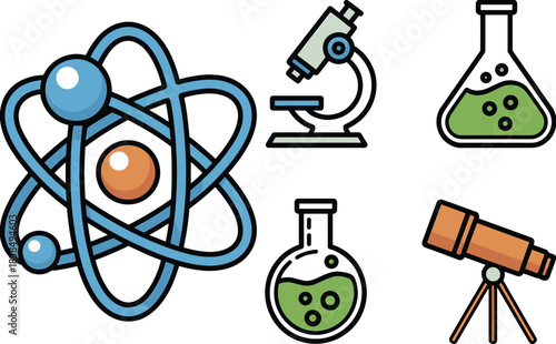 Science laboratory equipment icons featuring atom model, microscope, telescope, and chemical flasks, ideal for educational materials, scientific illustrations, classroom graphics