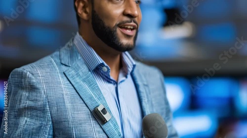 Audio specialist secures compact wireless mic on a presenters lapel inside a bustling TV studio optimizing handsfree communication and mobility