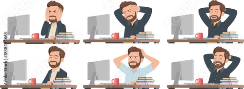 Workplace Emotion Progression Illustration – Man at Desk Showing Stress to Relaxation with Computer, Coffee Mug, Books, and Changing Expressions