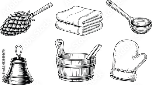 Traditional Sauna Accessories Illustration – Birch Whisk, Towels, Bucket, Ladle, and Mitt in Black and White for Bathhouse Culture and Wellness Concepts