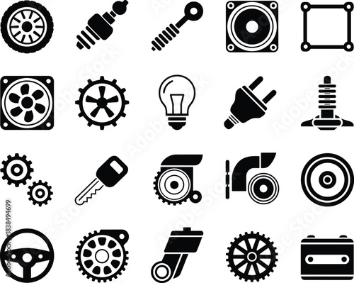Automotive and Mechanical Icons – Black and White Vehicle Parts Illustrations for Engineering, Repair, Maintenance, and Car Component Design Projects