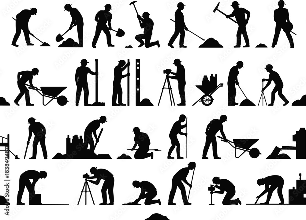 Obraz premium Construction worker silhouettes performing various building and labor tasks, including digging, measuring, surveying, and carrying materials, ideal for industry illustrations, safety graphic