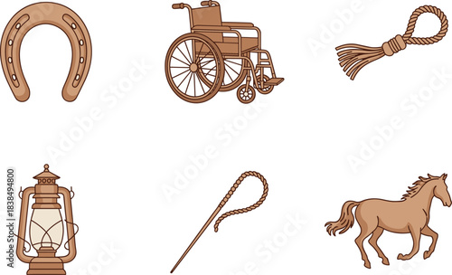 Collection of vintage western-style objects including horseshoe, lantern, rope, whip, wheelchair, and running horse, perfect for retro illustrations, farm themes, and rustic design elements.
