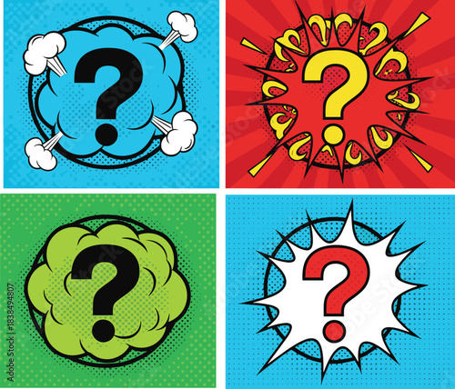 Comic Style Question Mark Panels – Colorful Pop Art Explosions for Mystery, Inquiry, Decision-Making, and Creative Problem-Solving Concepts