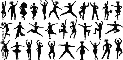 dancing silhouette figures in energetic poses, showcasing diverse dance styles, movement, rhythm, choreography, performance art, and expressive body motion for creative design projects.