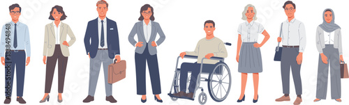Diverse business professionals standing together, including office workers, executives, and an employee in a wheelchair, representing inclusion, workplace diversity, teamwork