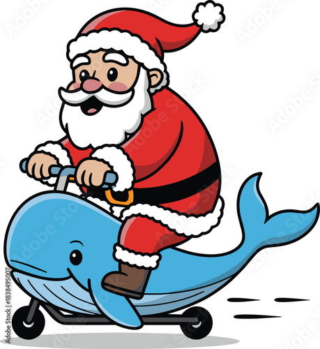 Santa Claus Riding Whale-Shaped Scooter – Playful Christmas Cartoon Illustration Blending Festive Cheer with Marine Theme and Imaginative Character Design