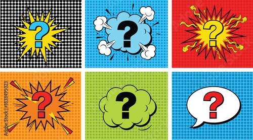 Pop art comic question mark icons with colorful halftone backgrounds, explosion effects, speech bubbles, and dynamic graphic elements for creative designs