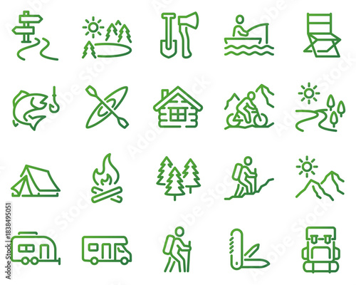 Simple Set of Travel Outdoor Related Vector Line Icons. Contains such Icons as Campfire, Hiking, Camp Trailer and more