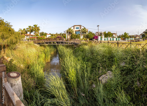 Fototapeta Naklejka Na Ścianę i Meble -  A scenic view of a small creek with reeds, crossed by a quaint wooden footbridge, nestled among palm trees and city buildings under a sunny sky. Side, Antalya, Turkey, Mediterranean.

