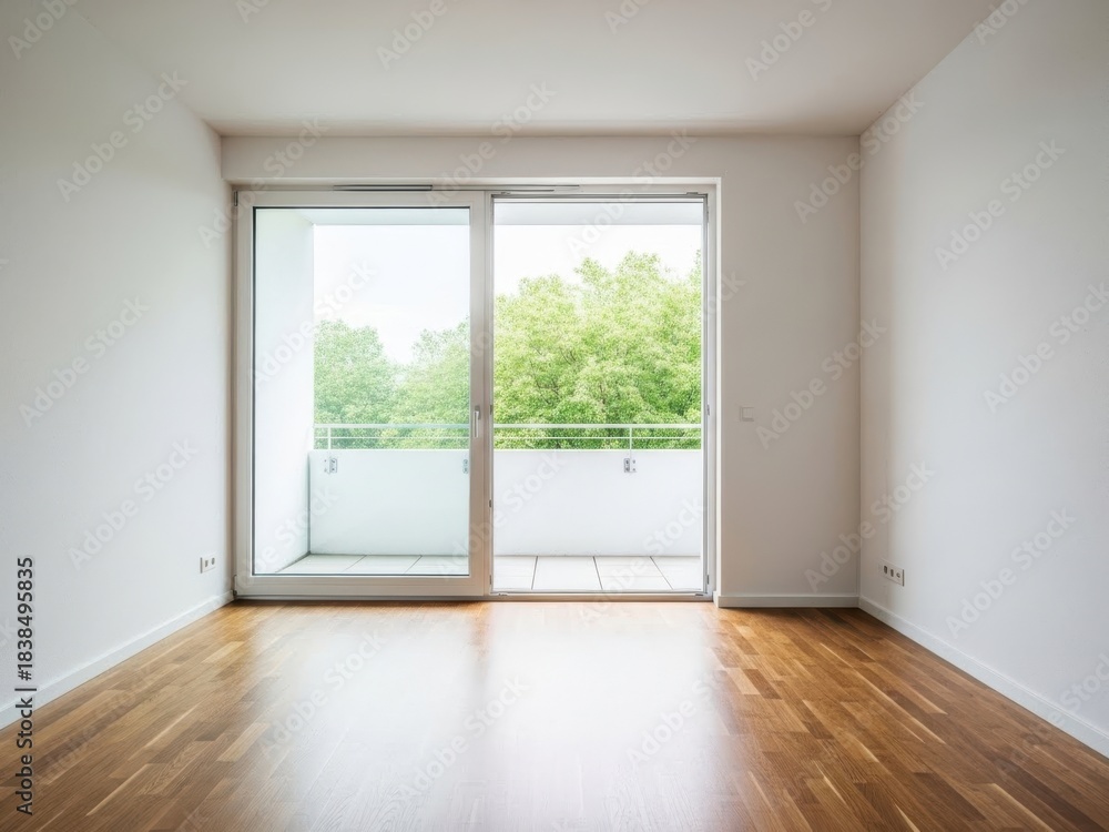 Obraz premium Empty room with white wall and wooden floor leading to a balcony with a view of lush green trees outside on a bright day