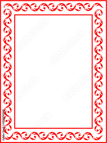 Elegant red rectangular frame with a repeating ornate pattern of stylized swirls and curls.