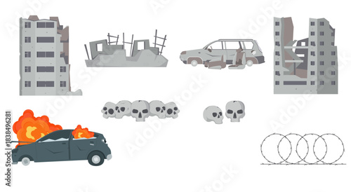 A collection of flat vector illustrations depicting a war zone aftermath with ruined buildings, burning cars, and skulls.