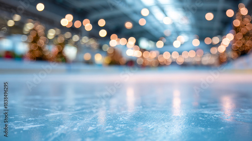Holiday lights at ice rink. People skate on ice while colorful lights shine in the background during a festive season.