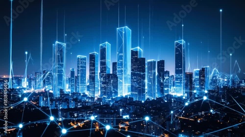 Wallpaper Mural Futuristic Cityscape: Digital Network Connecting Skyscrapers at Night Torontodigital.ca