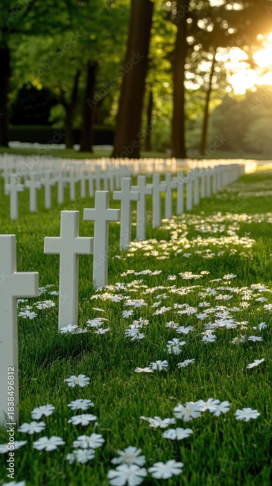 Naklejka premium White crosses and wooden tombstones mark the resting place of fallen soldiers in a serene American war cemetery in Normandy, France