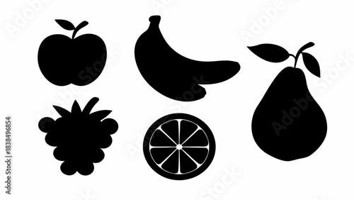 Stunning collection of five essential fruit silhouettes perfect for clean, modern design projects and healthy eating visuals