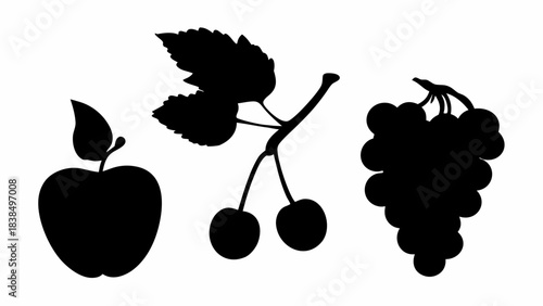 Stunning black silhouette collection featuring apple cherry branch and grapes perfect for fresh food design projects