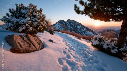 Snowy path leads to mountain sunset view. Footprints are seen on a snowy path as the sun sets behind the mountains in the background.