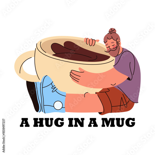 Barista hugging coffee cup. Vector coffeeshop poster with slogan. Branding and marketing sign for cafe or bistro, store takeaway. Caffeine energy drink advertising, lettering phrase. Beverage, drink.