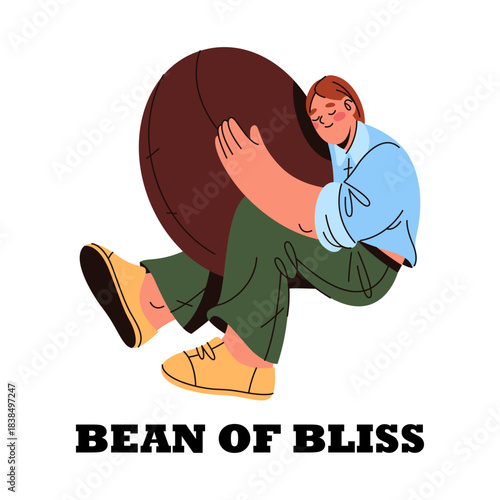 Man with coffee beans or grain. Vector slogan for hot beverage. Cartoon poster or placard for cafe drink. Coffeeshop branding or bistro advertising. Kernel with motivation phrase. Espresso takeaway.