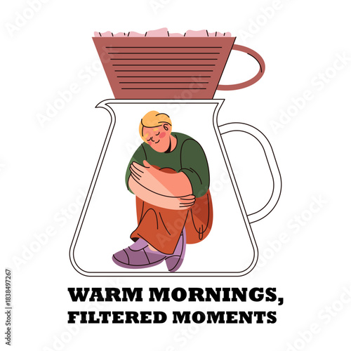Man in coffee kettle with slogan for morning hot drink. Vector poster for cafe or beverage store takeaway. Placard for bistro, coffeeshop with phrase. Water cooker for caffeine marketing. Latte store.