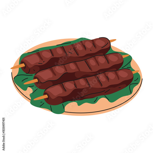 Vector kebab skewer or Arabian meal, eastern food. Vector Asian cuisine. Turkish seekh or middle east kofta. Arabic nutrient on stick. Rod with meal or grilled takeaway dish chunk. Cooking recipe sign
