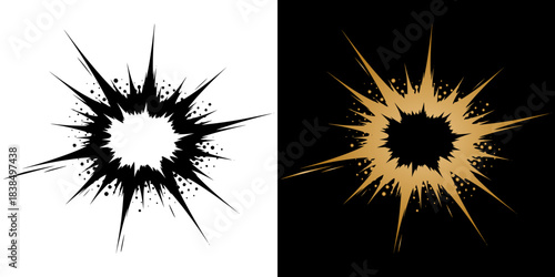 Decorative explosion graphic, isolated vector image, two variants in black on a transparent background and in gold on a black background