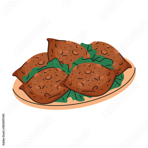 Arabian Kubba meal or kibbeh food. Vector middle east meal of bulgur and meat ball, stuffed croquette. Asian fried or baked appetizer. Gastronomy and nutrition, cooking element. Mezze eating plate.