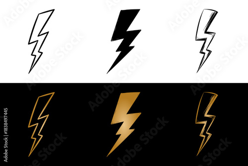Lightning bolt designs in comic style, isolated vector image, two variants in black on a transparent background and in gold on a black background, image set, collection