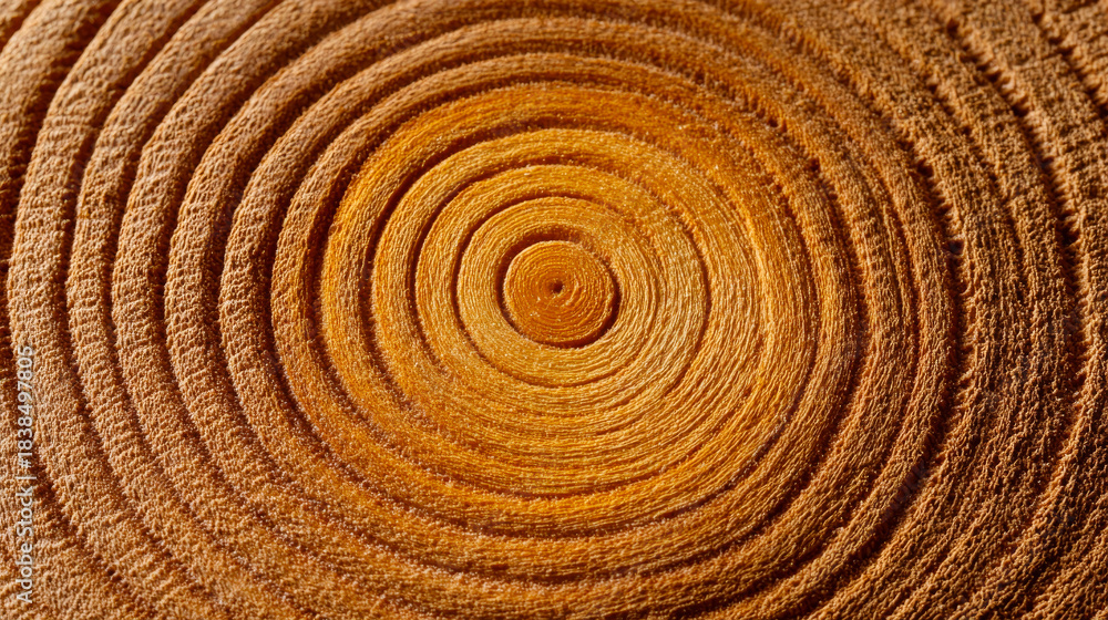 Fototapeta premium Wood grain reveals growth rings. Close view of a wood surface displaying concentric growth rings that indicate age and history of the tree.
