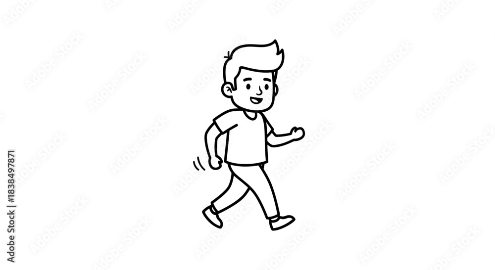 Fototapeta premium Illustrated cartoon character of a boy walking with a cheerful expression in black and white