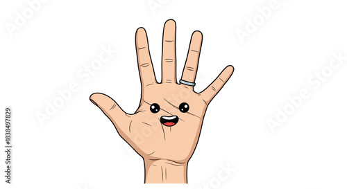 Humorous hand illustration with a happy expression and a wedding ring on the finger
