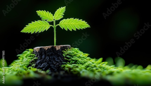 A vibrant green sprout emerges from a moss-covered tree stump, symbolizing rebirth and nature's resilience